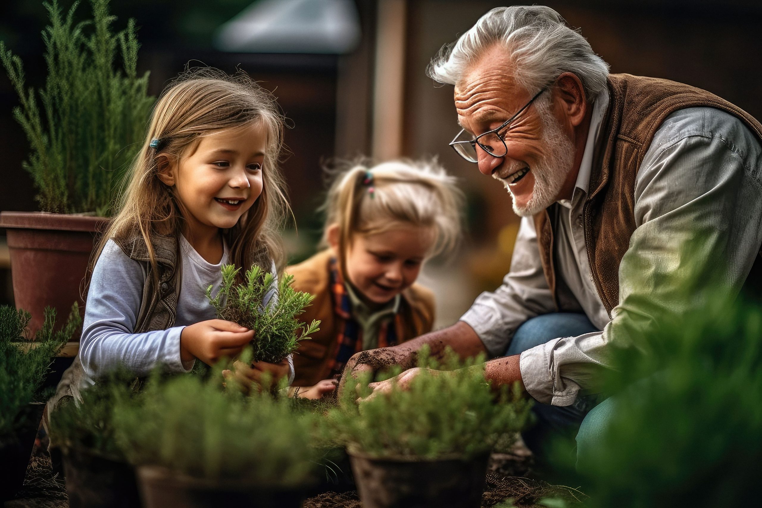 Grandpa smiling while gardening with two young girls